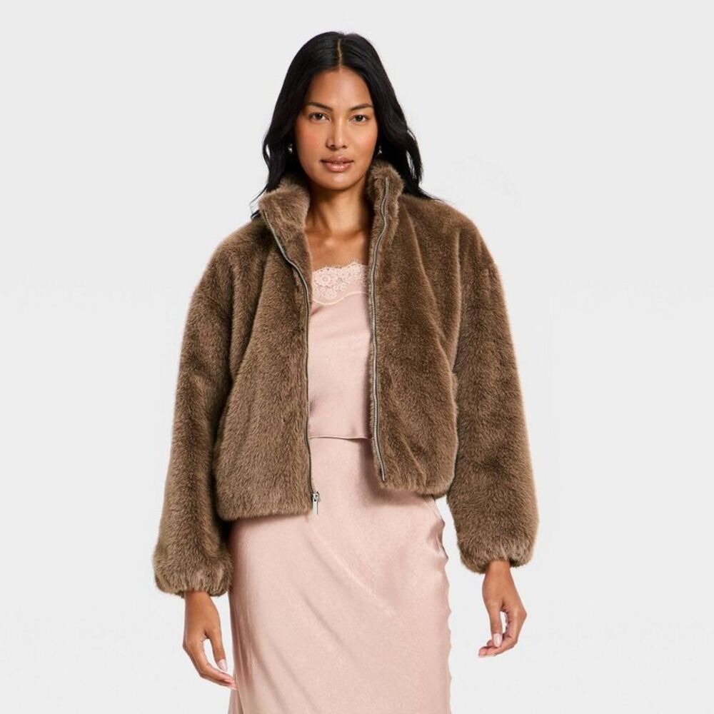 Women's Faux Fur Zip-Up Jacket - A New Day Brown L